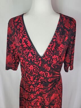 Red & Black CONNECTED APPAREL V-Neck Half Sleeve Fit & Flare Midi Dress Size 14